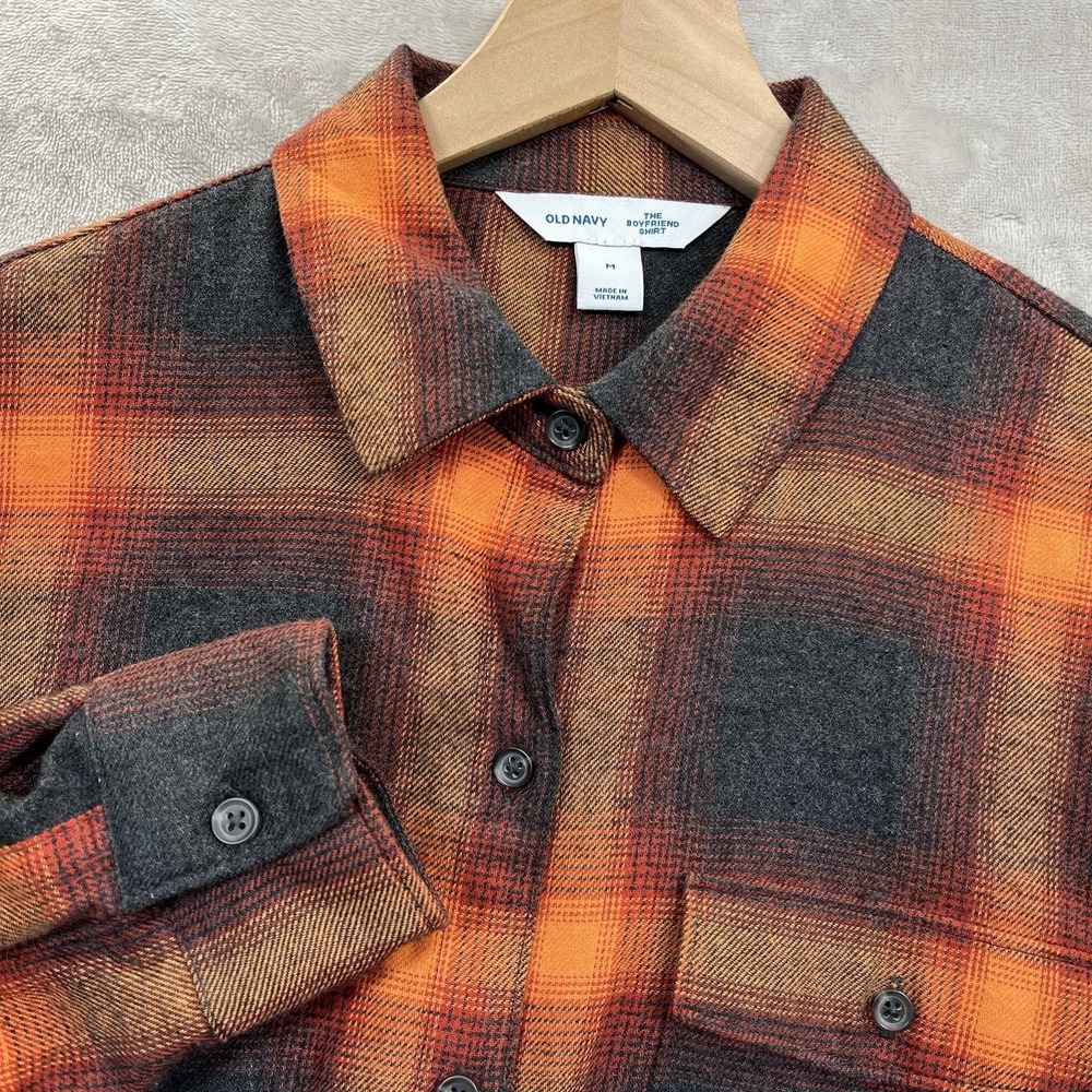 Old Navy Boyfriend Shirt Orange Plaid Flannel Women M Evermore Swiftie